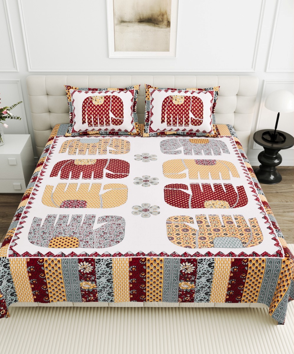 Jaipurio Gangaur Elephant Print Bedsheet (95x108)