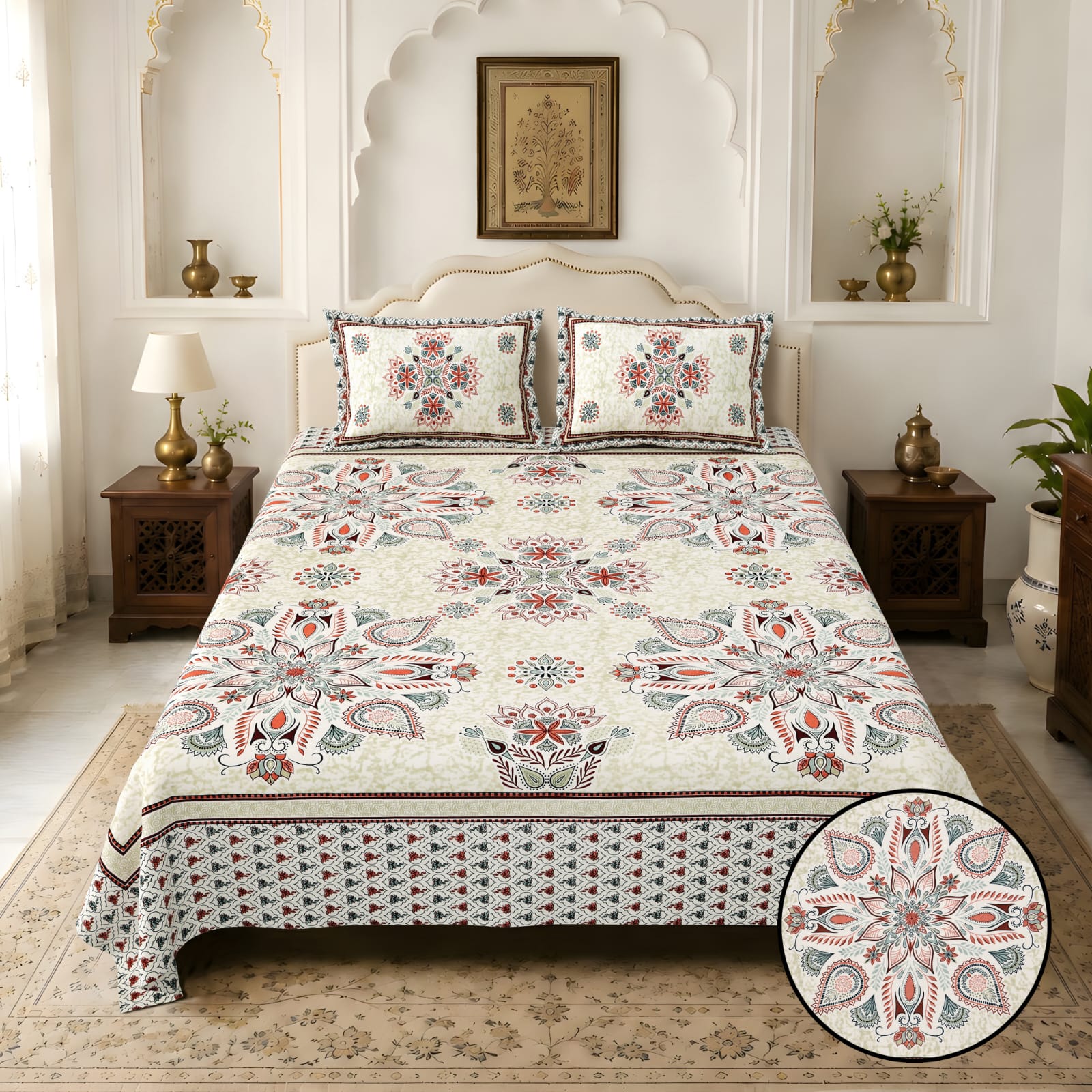 Jaipurio Amrita Elephant Print King Size Cotton Bedsheet (100 x108)