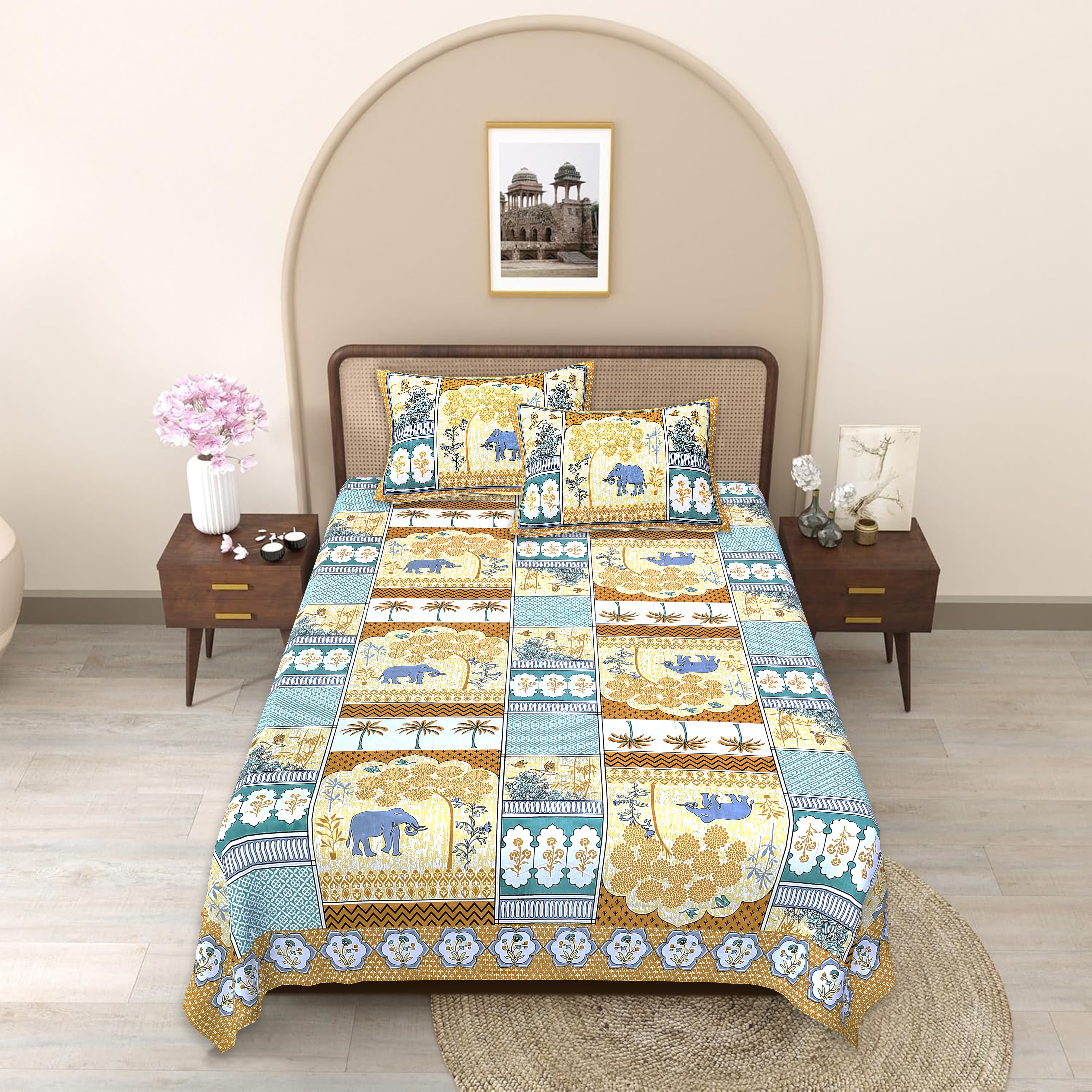 Booty Brand Sanganeri Elephant & Tree of Life Single Bed Bedsheet (70x100)