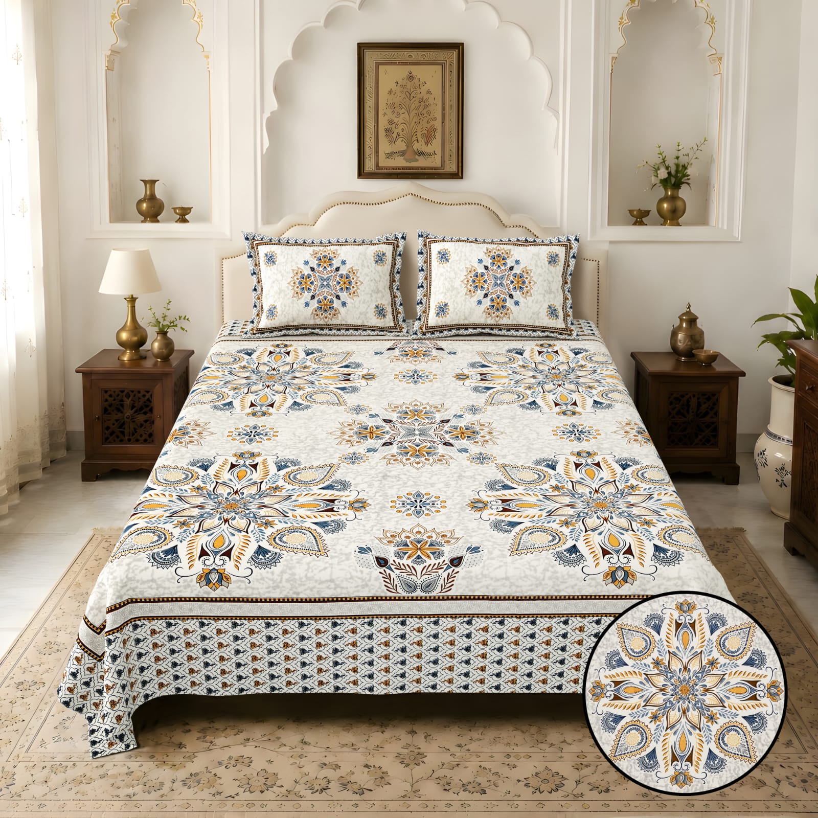 Jaipurio Amrita Elephant Print King Size Cotton Bedsheet (100 x108)