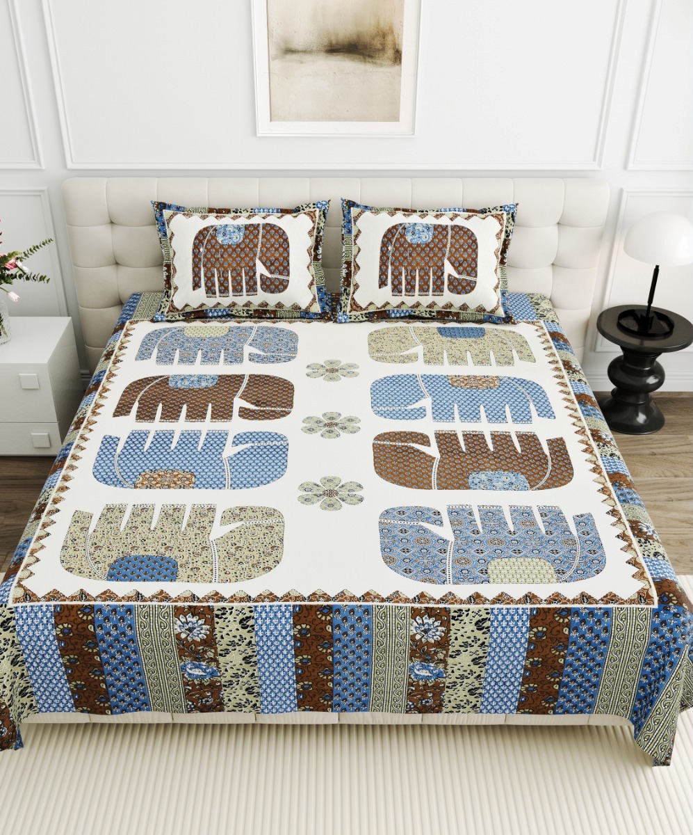 Jaipurio Gangaur Elephant Print Bedsheet (95x108)