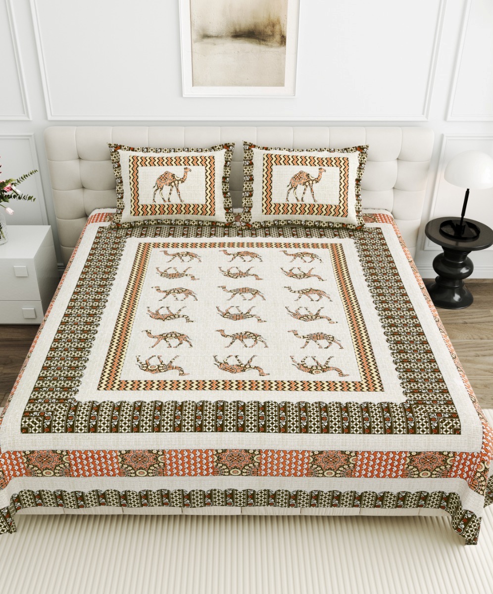Jaipurio Gangaur Camel Print Bedsheet (95x108)