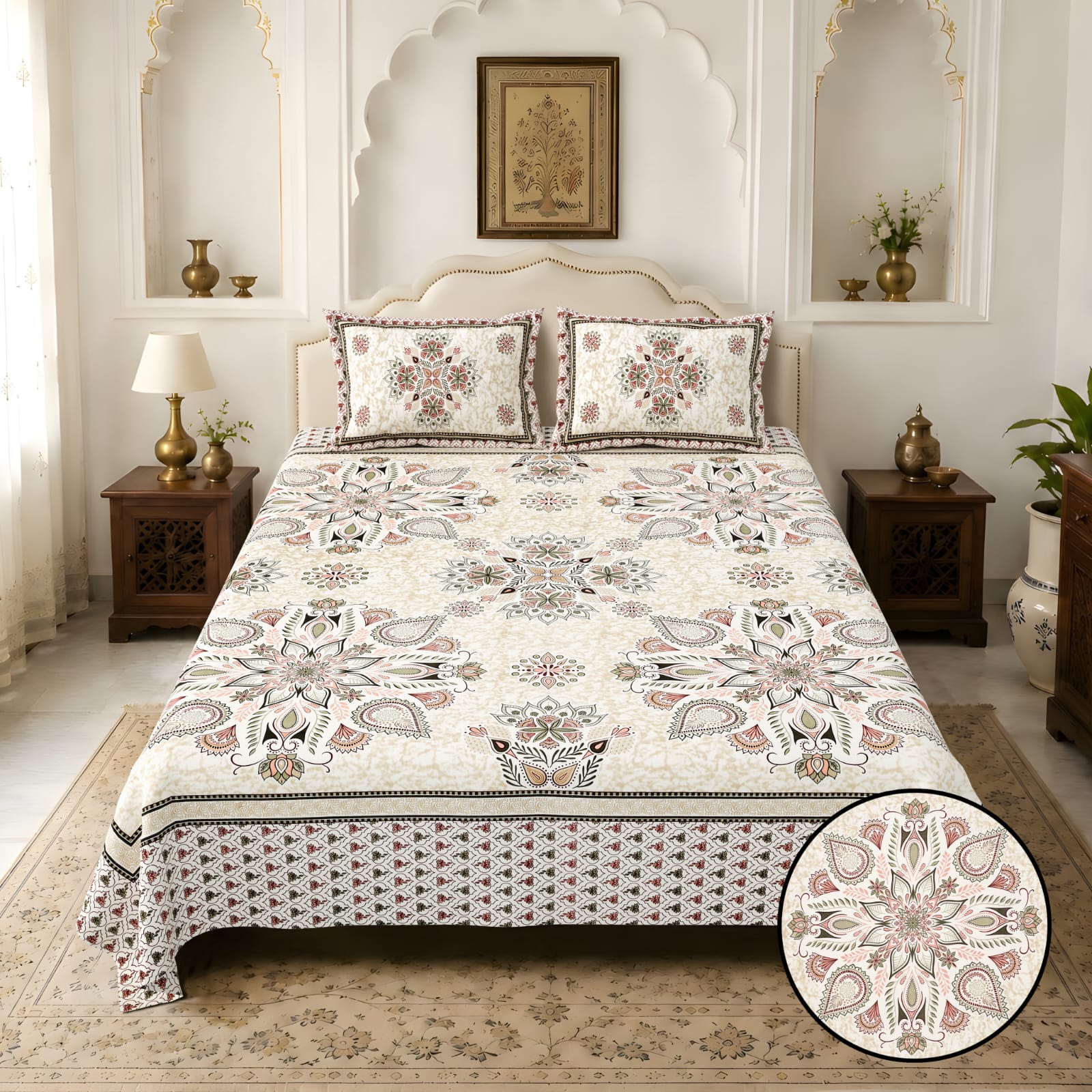 Jaipurio Amrita Elephant Print King Size Cotton Bedsheet (100 x108)