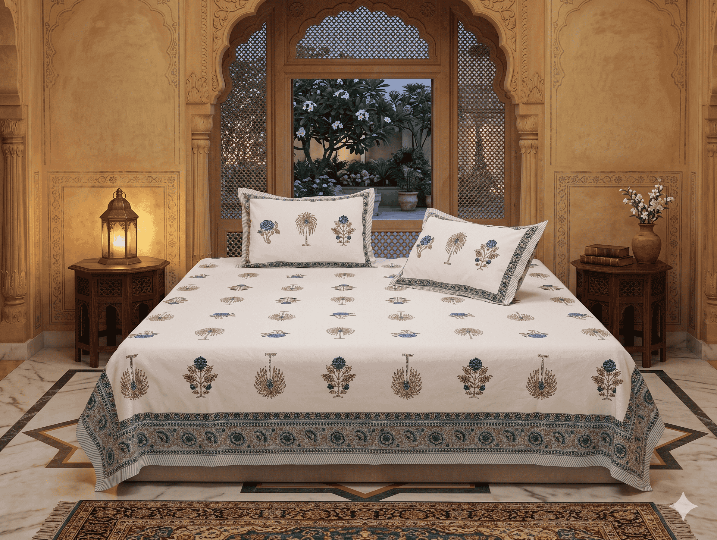 Jaipurio Indigo Blue & Steel Grey Ornamental Buti King Size Cotton Bedsheet