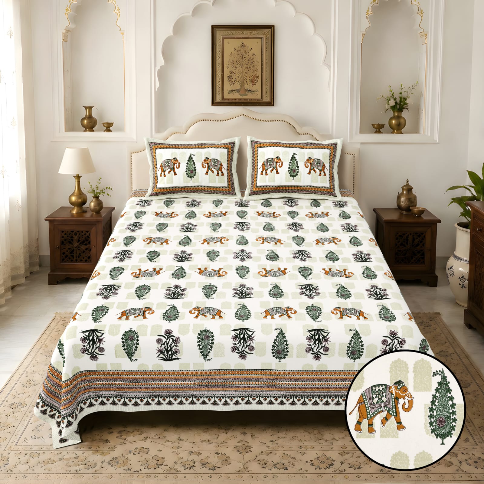 Jaipurio Amrita Elephant Print King Size Cotton Bedsheet (100 x108)