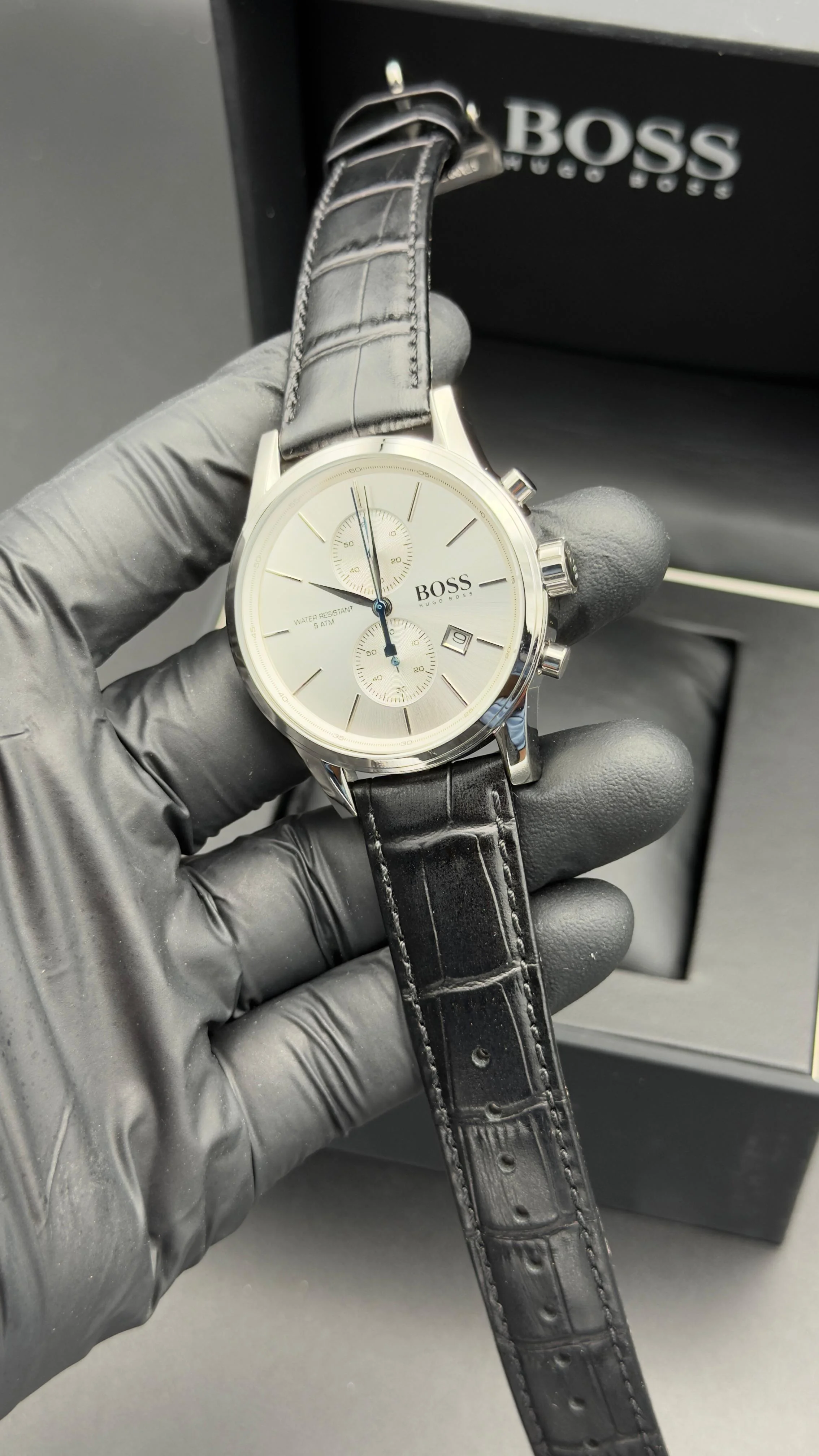 Boss Style Chronograph Watch Silver Sunray Dial Black Leather Strap