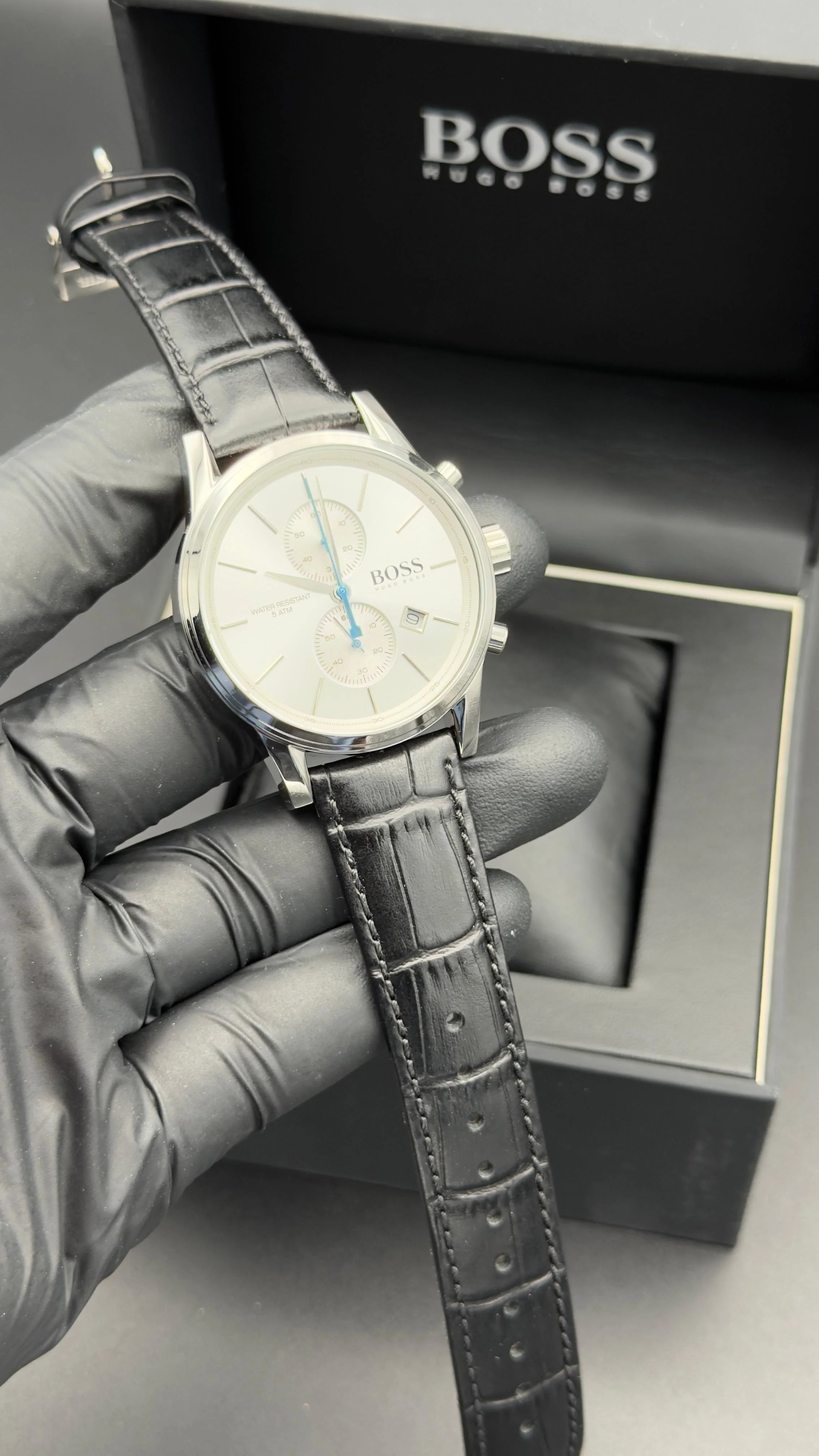 Boss Style Chronograph Watch Silver Sunray Dial Black Leather Strap