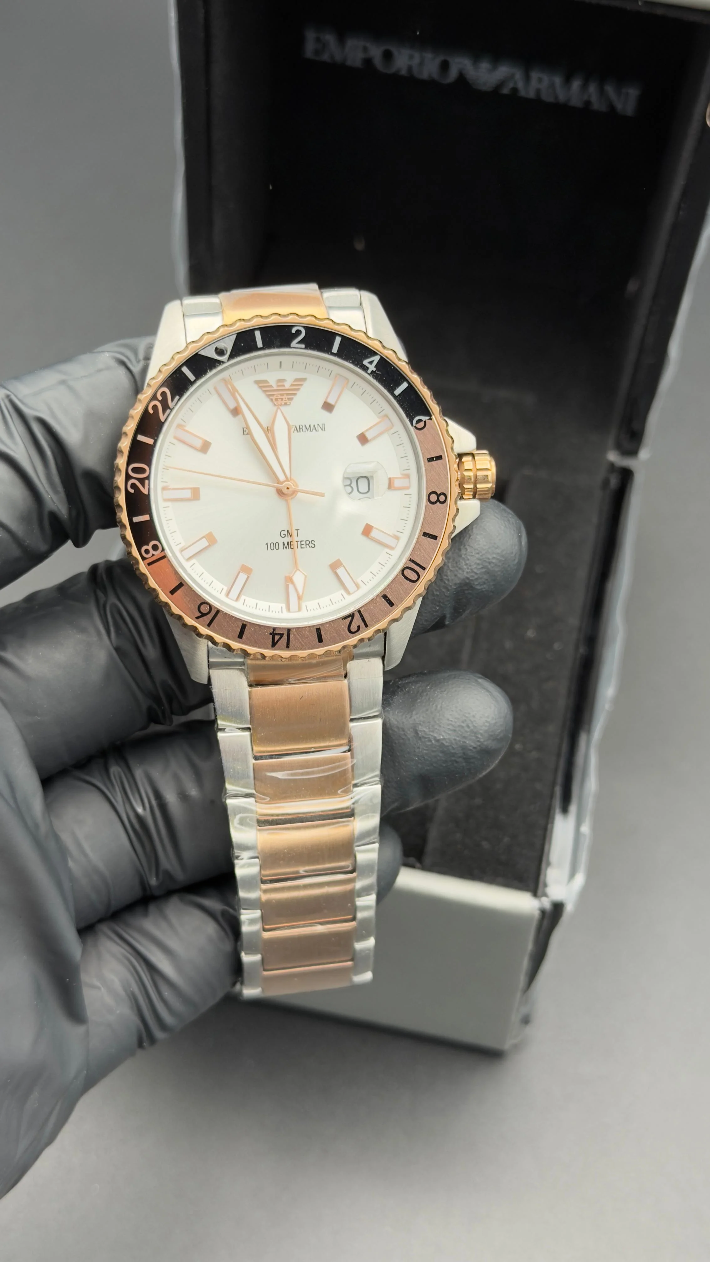 Emporio Style GMT Watch White Sunray Dial Two-Tone Silver Rose Gold Bracelet