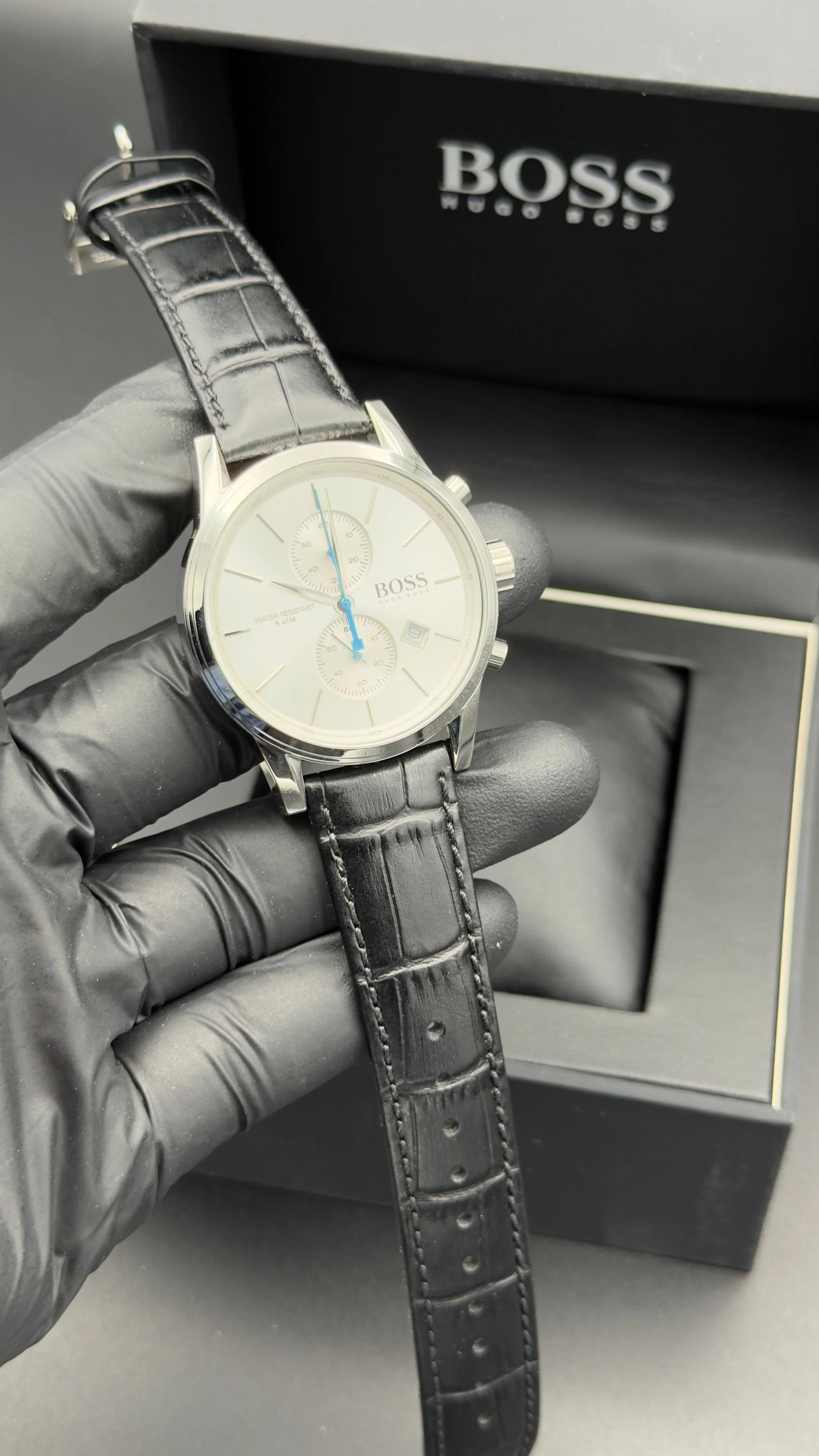 Boss Style Chronograph Watch Silver Sunray Dial Black Leather Strap