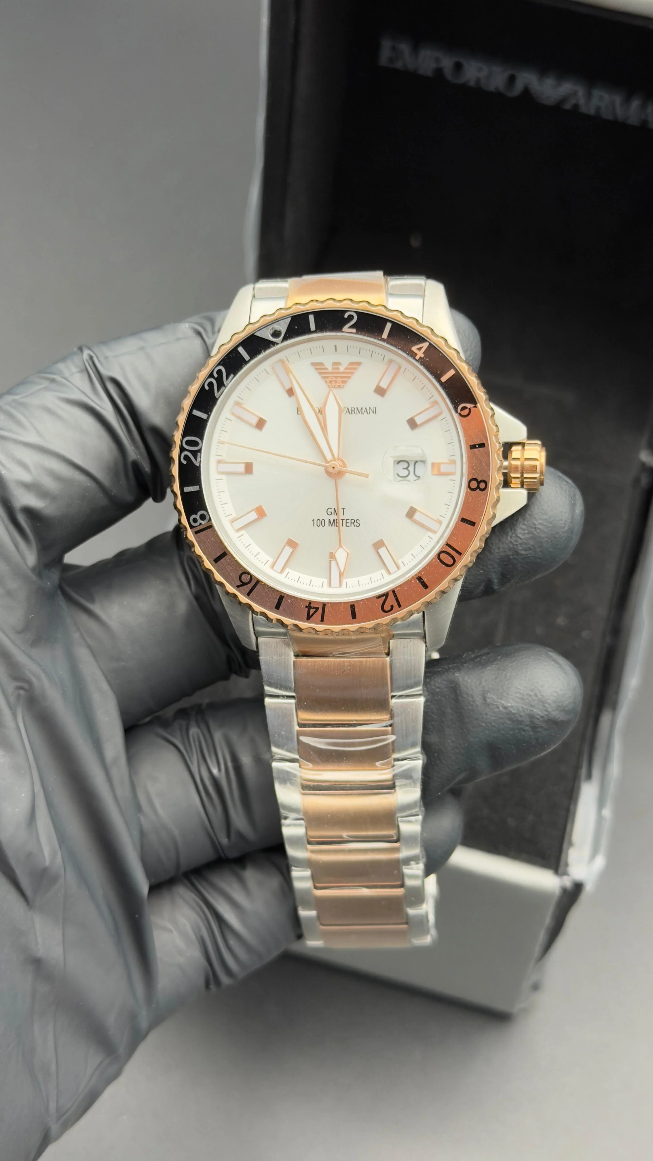 Emporio Style GMT Watch White Sunray Dial Two-Tone Silver Rose Gold Bracelet