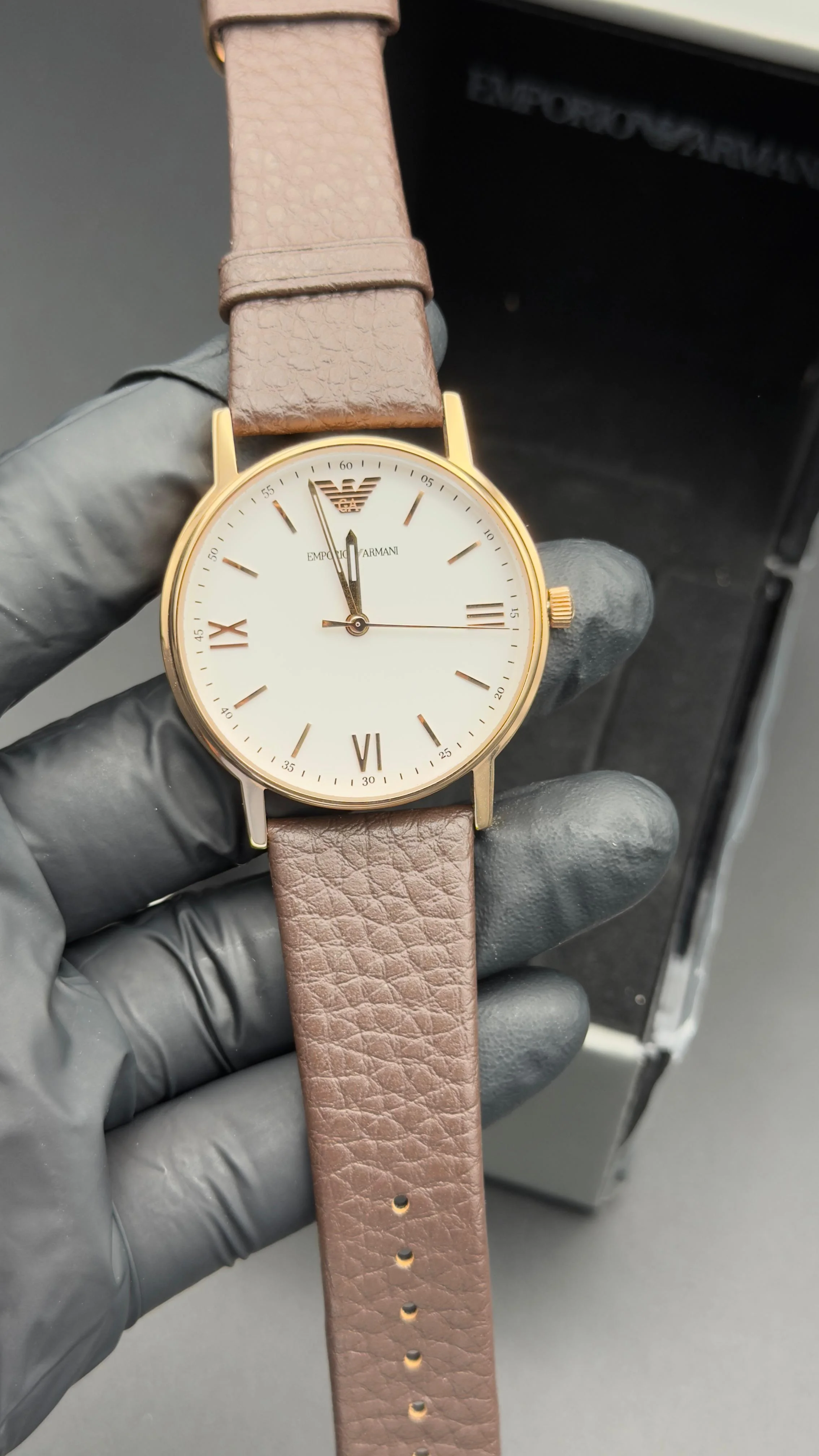 Emporio Style Watch White Roman Dial Brown Leather Strap