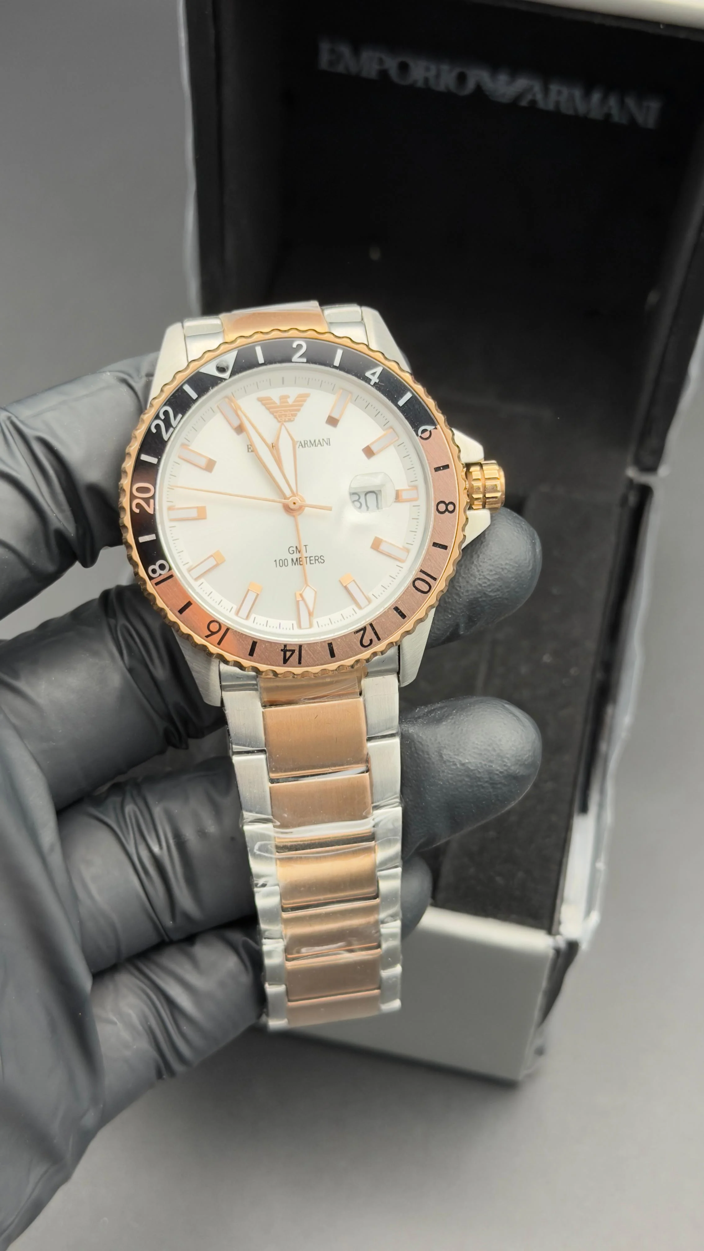 Emporio Style GMT Watch White Sunray Dial Two-Tone Silver Rose Gold Bracelet