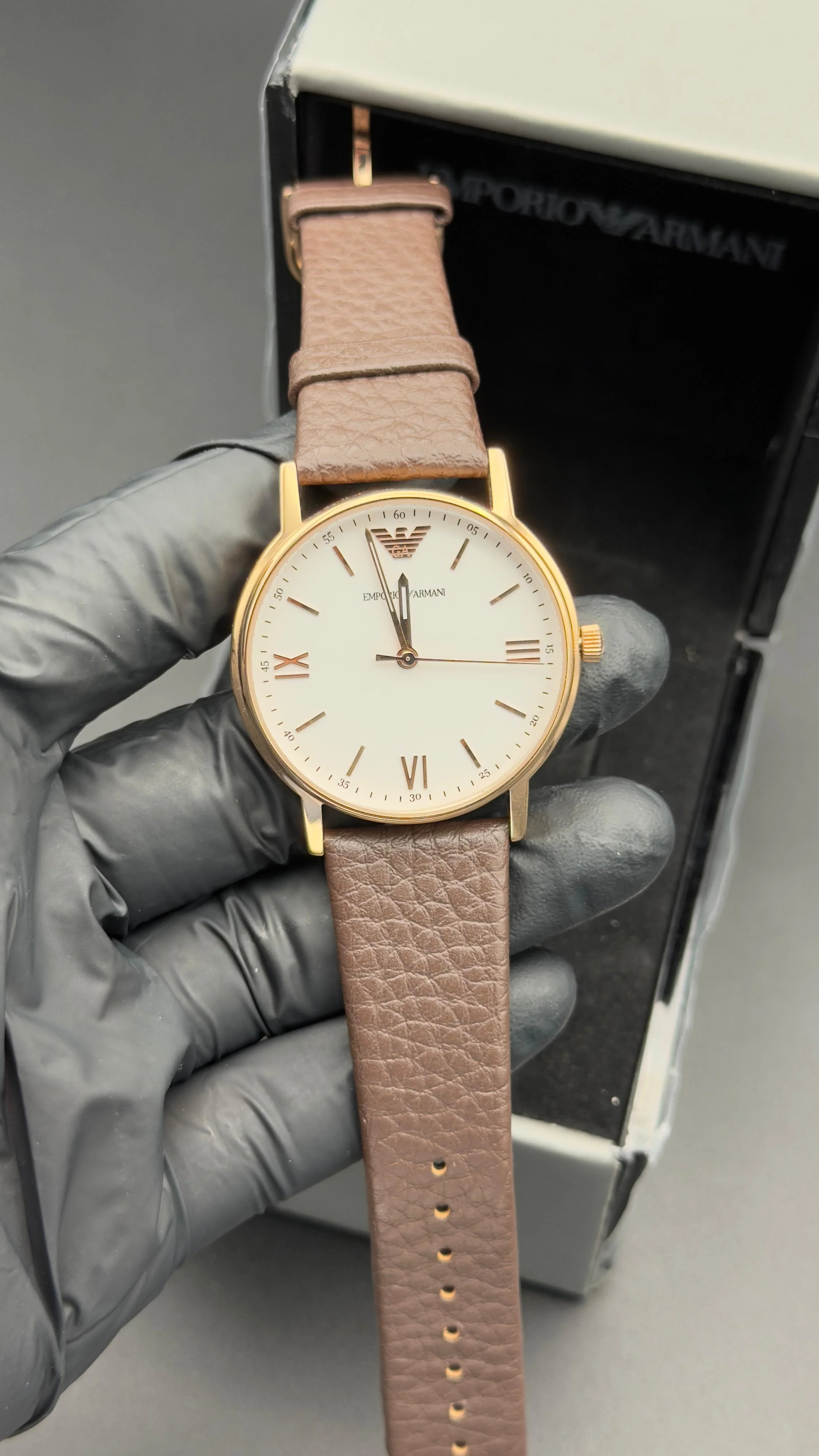 Emporio Style Watch White Roman Dial Brown Leather Strap