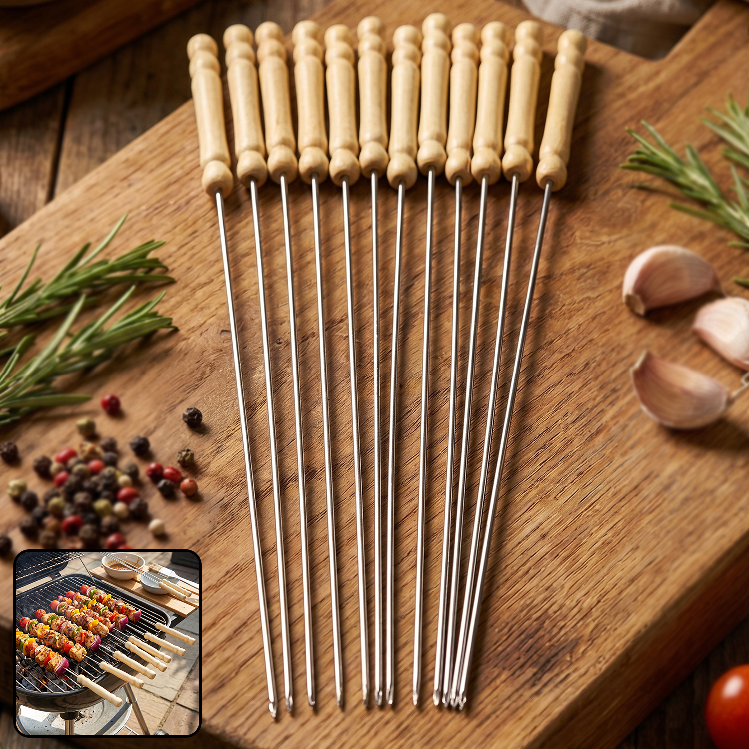 Stainless Steel Bbq Skewers with Wooden Handle 12 pcs