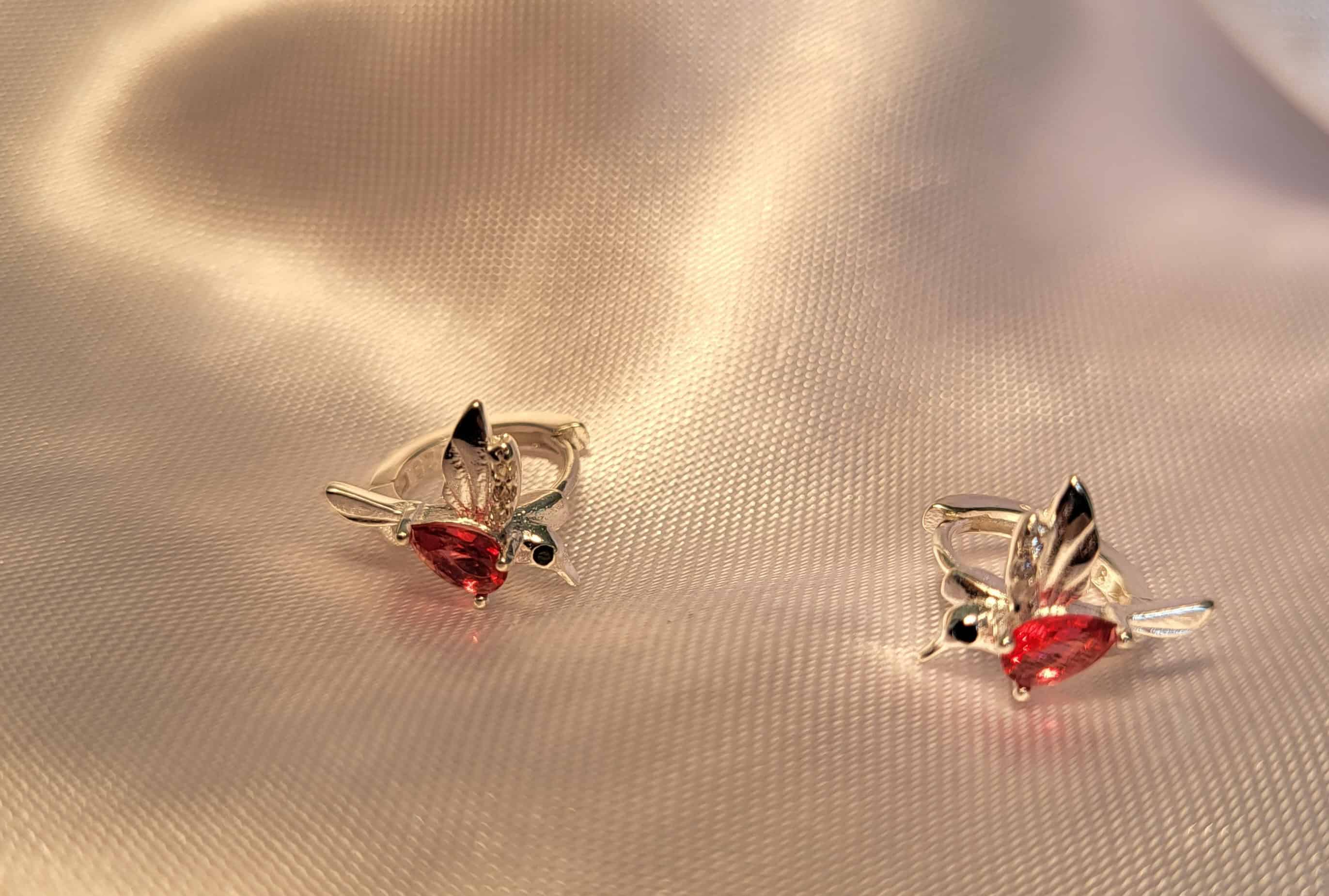 Magenta Crystal Bird-Shaped Silver Huggies