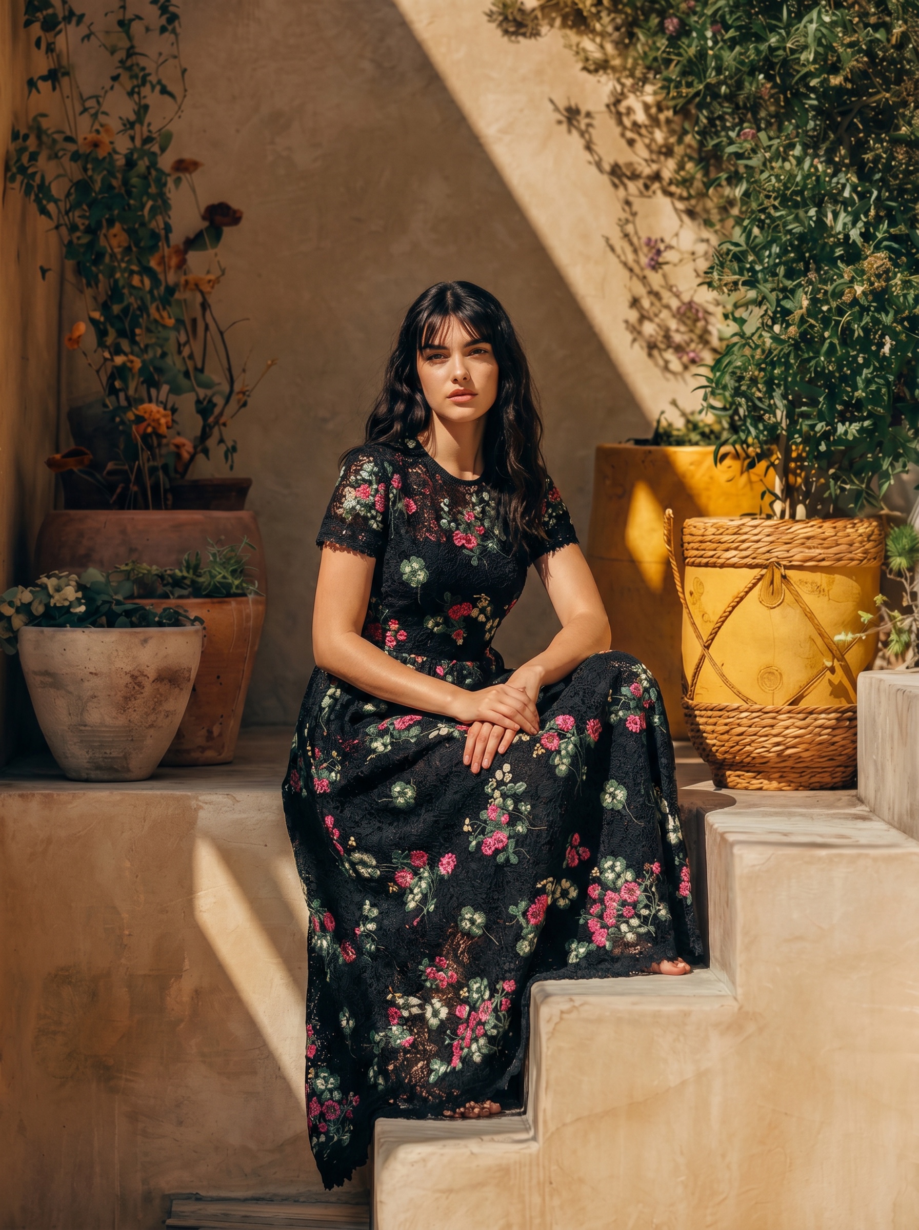 Vestido Midi Valentino Encaje Guipur Floral Negro