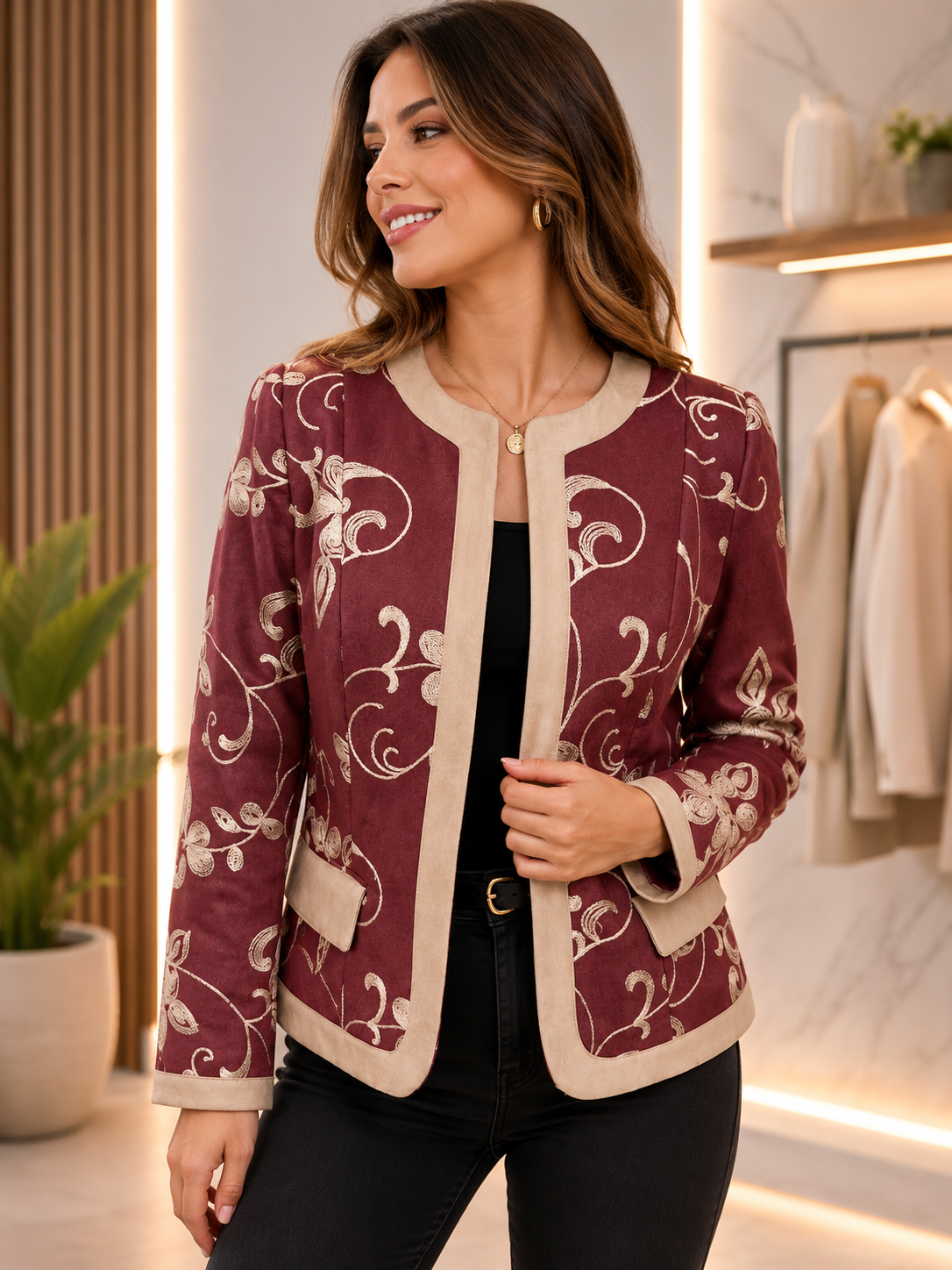 Embroidered Burgundy Blazer