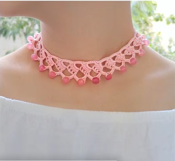 Handmade Crochet Pink Beaded Choker