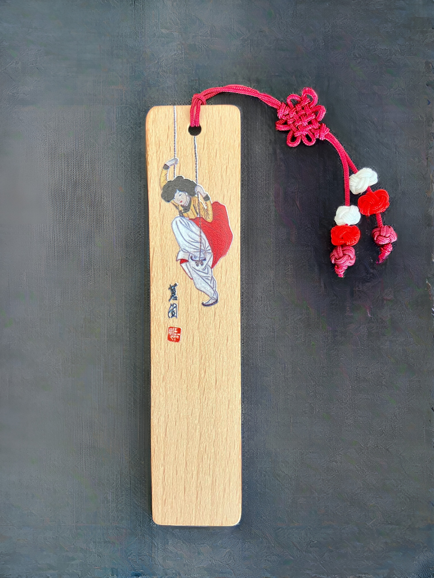 Marque page en bois duo - Hanbok Bleu et rouge
