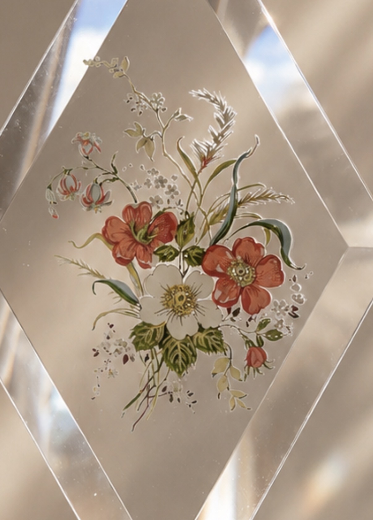Diamond-Shaped Floral Glass Suncatcher