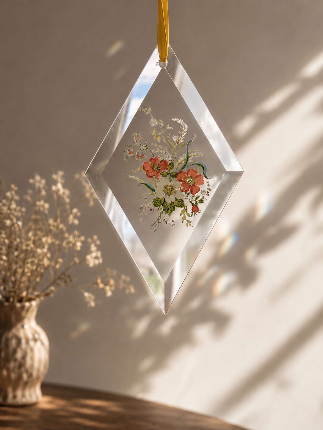 Diamond-Shaped Floral Glass Suncatcher