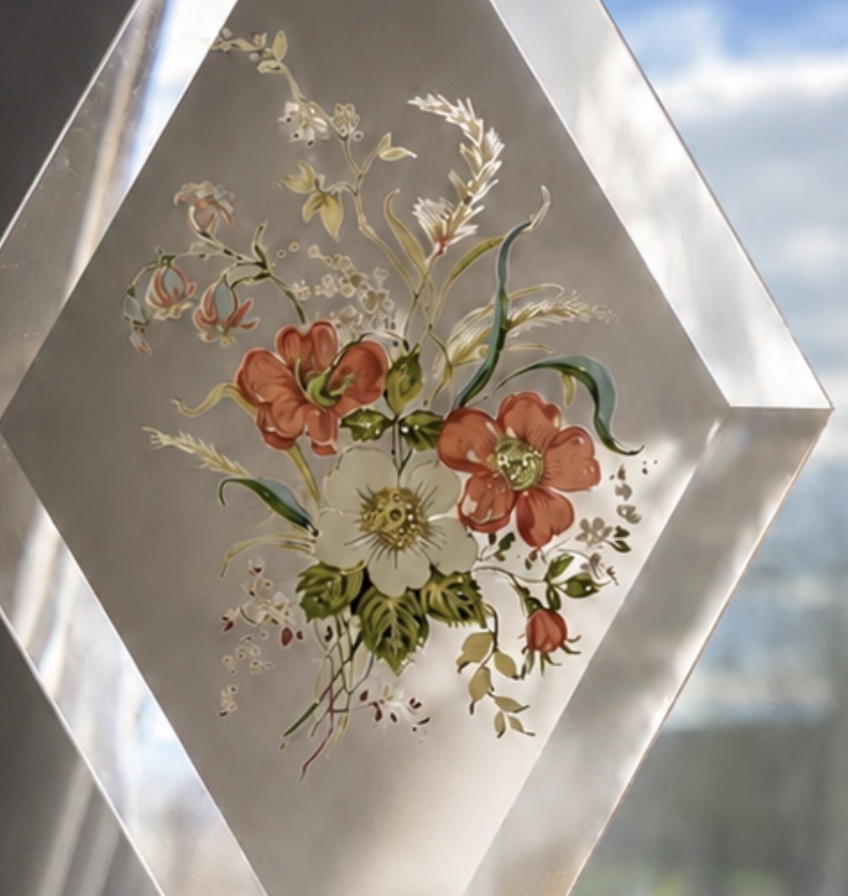 Diamond-Shaped Floral Glass Suncatcher