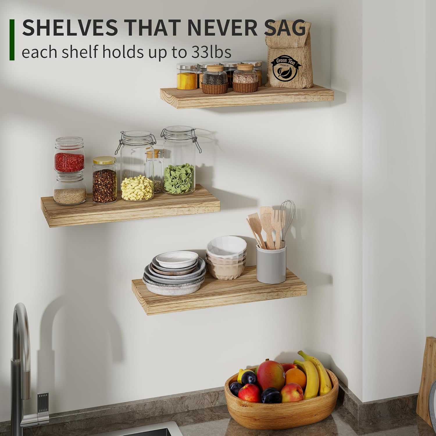 Floating Wooden Wall Shelves (Set of 3)