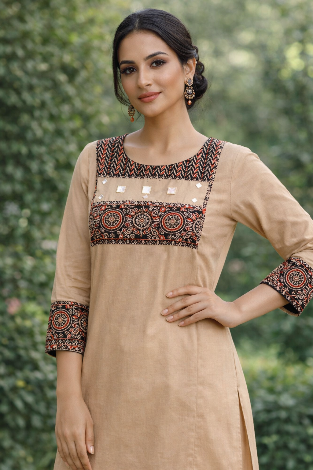 Embroidered Beige Kurta Set