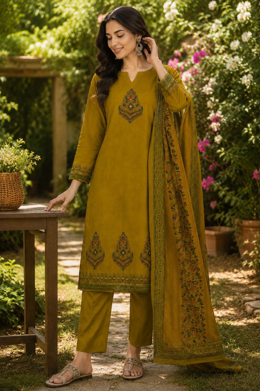 Mustard Embroidered Cotton Suit