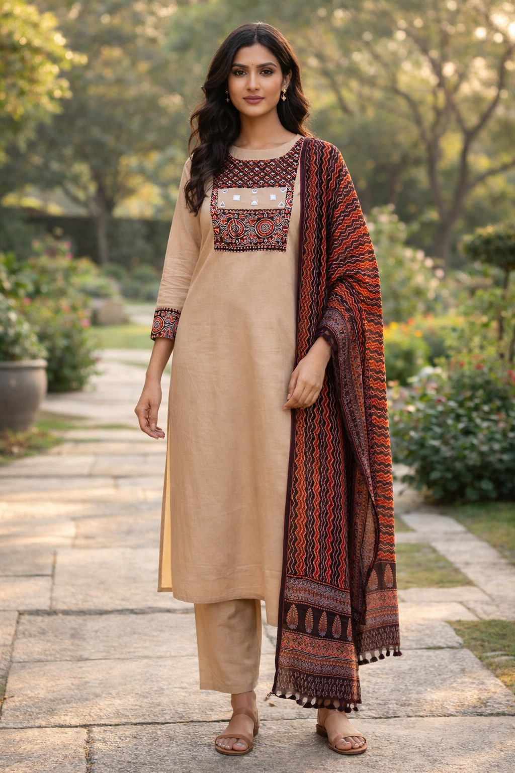 Embroidered Beige Kurta Set