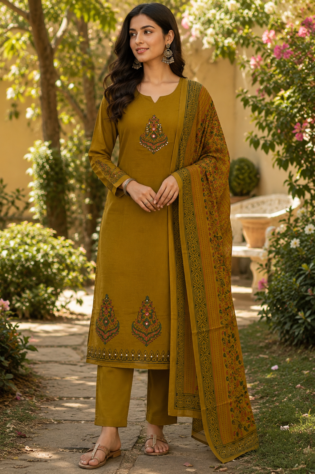 Mustard Embroidered Cotton Suit