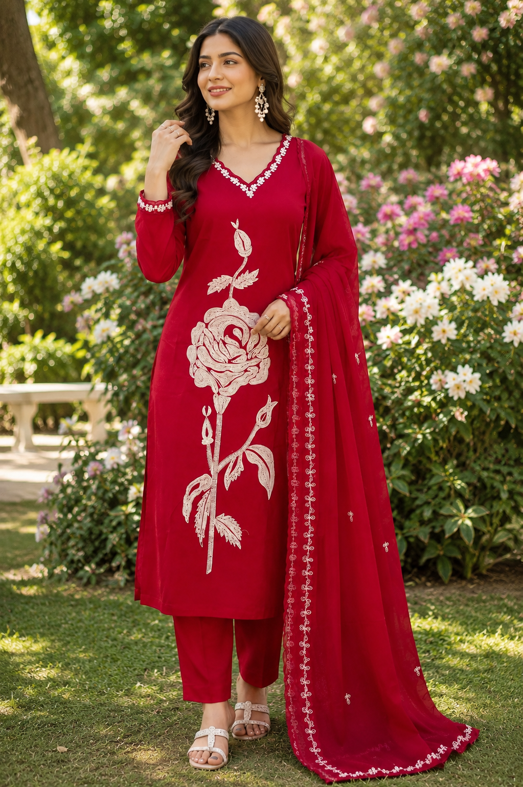 Embroidered Red Cotton Suit Set