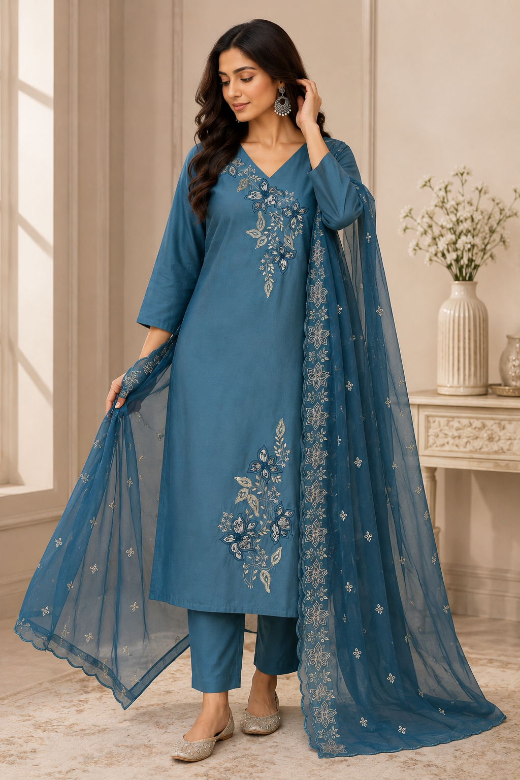 Blue Embroidered Cotton Suit Set