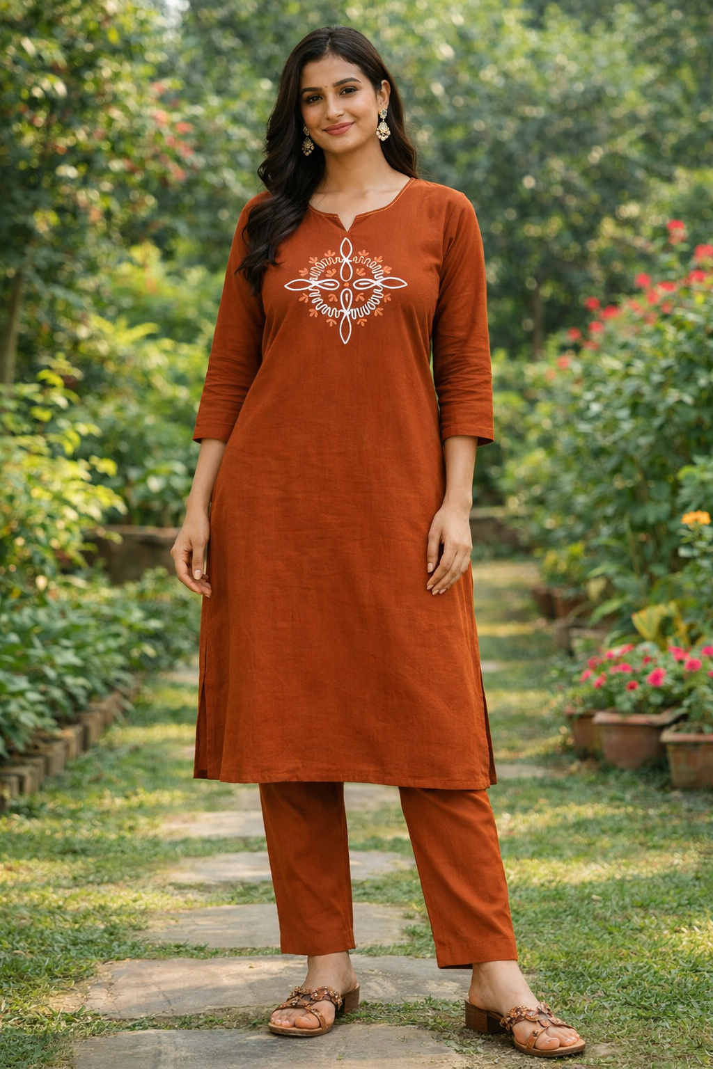 Rust Orange Cotton Kurta Set