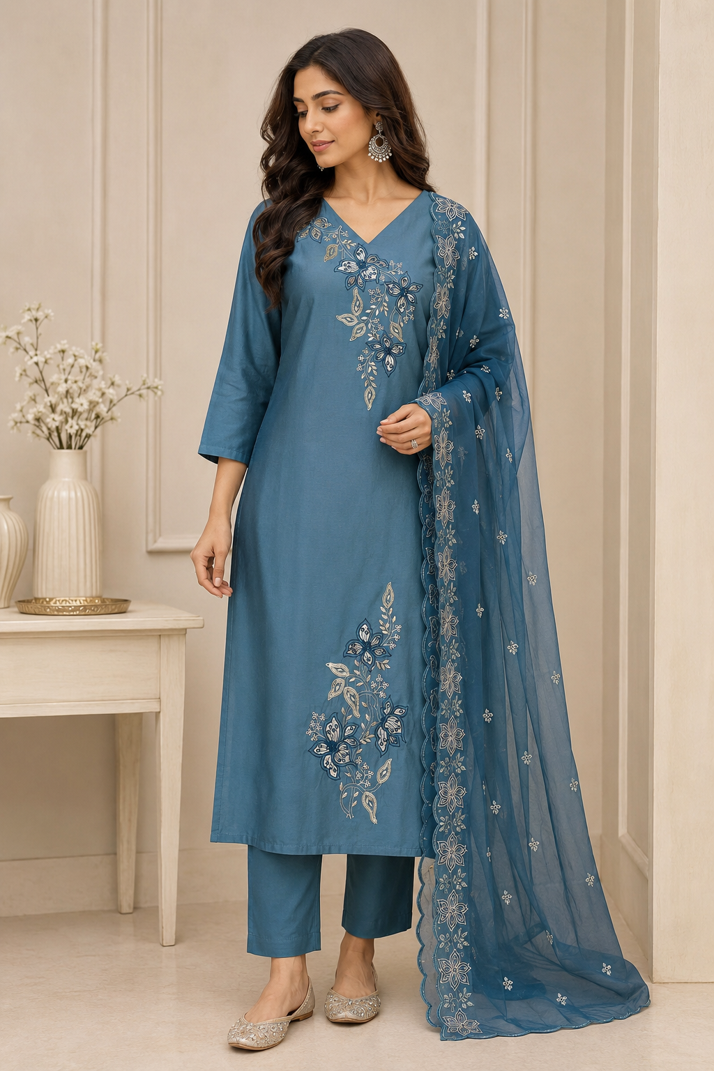 Blue Embroidered Cotton Suit Set