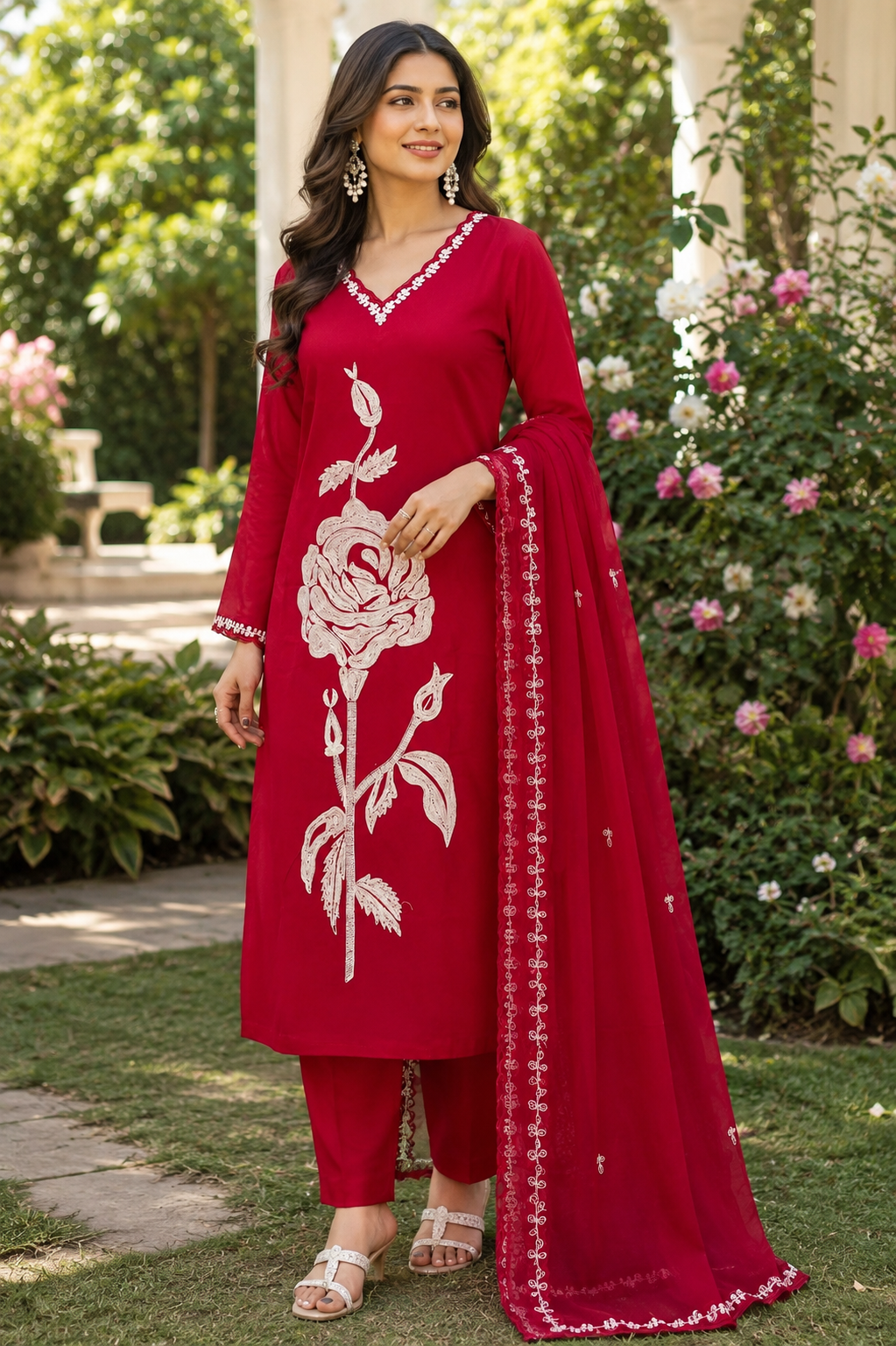 Embroidered Red Cotton Suit Set