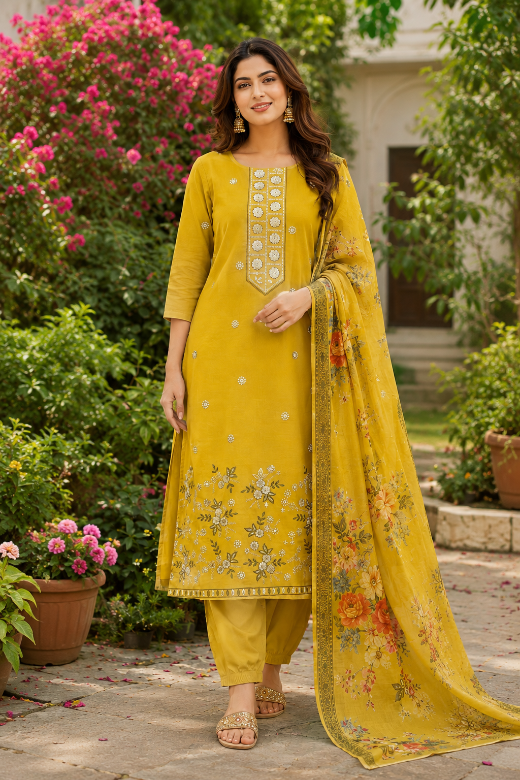 Yellow Floral Printed Salwar Suit