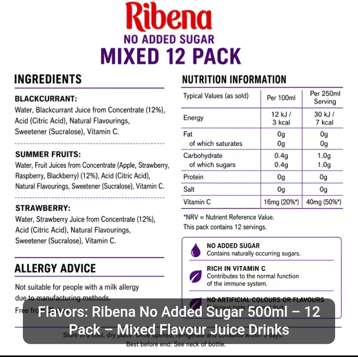Ribena No Added Sugar Mixed 12 Pack