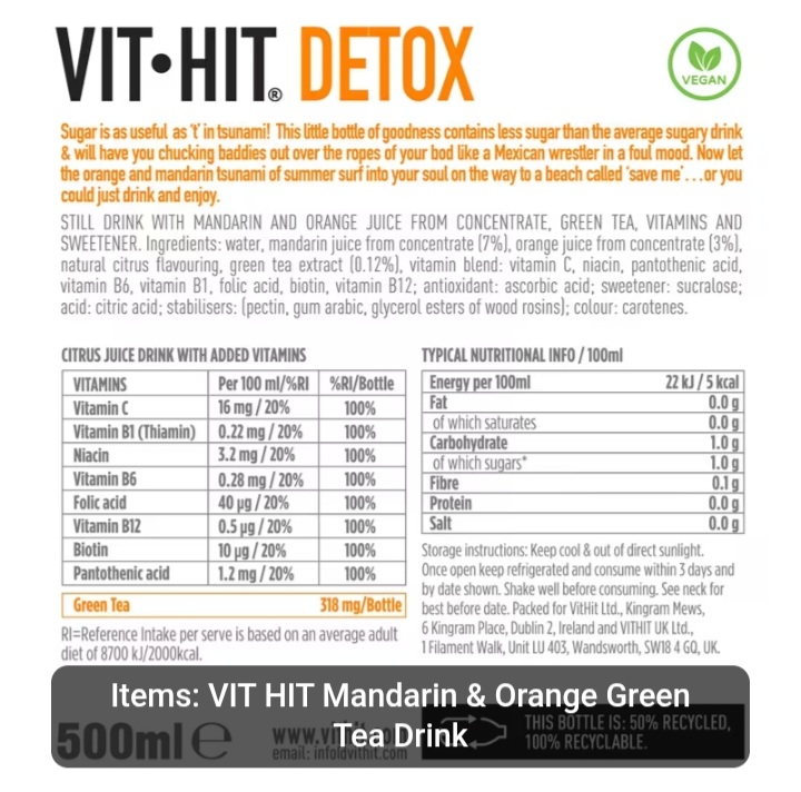 VIT HIT DETOX Mandarin & Orange Green Tea Drink