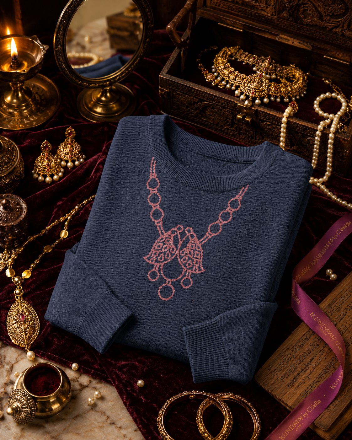 Queen’s Ornament — Peacock Harmony - Navy Blue and Dusty Rose