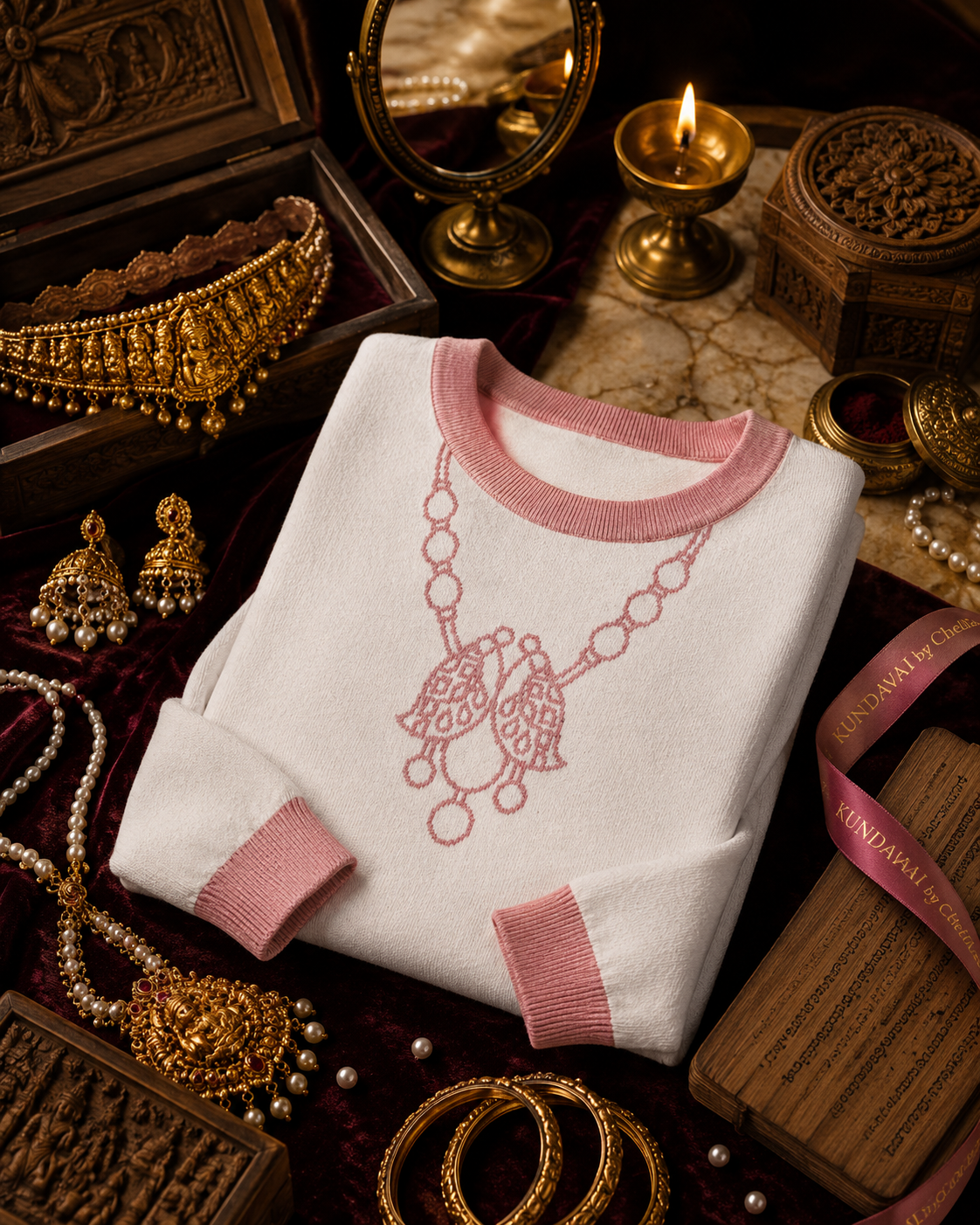 Queen’s Ornament — Peacock Harmony in Bone & Dusty Rose