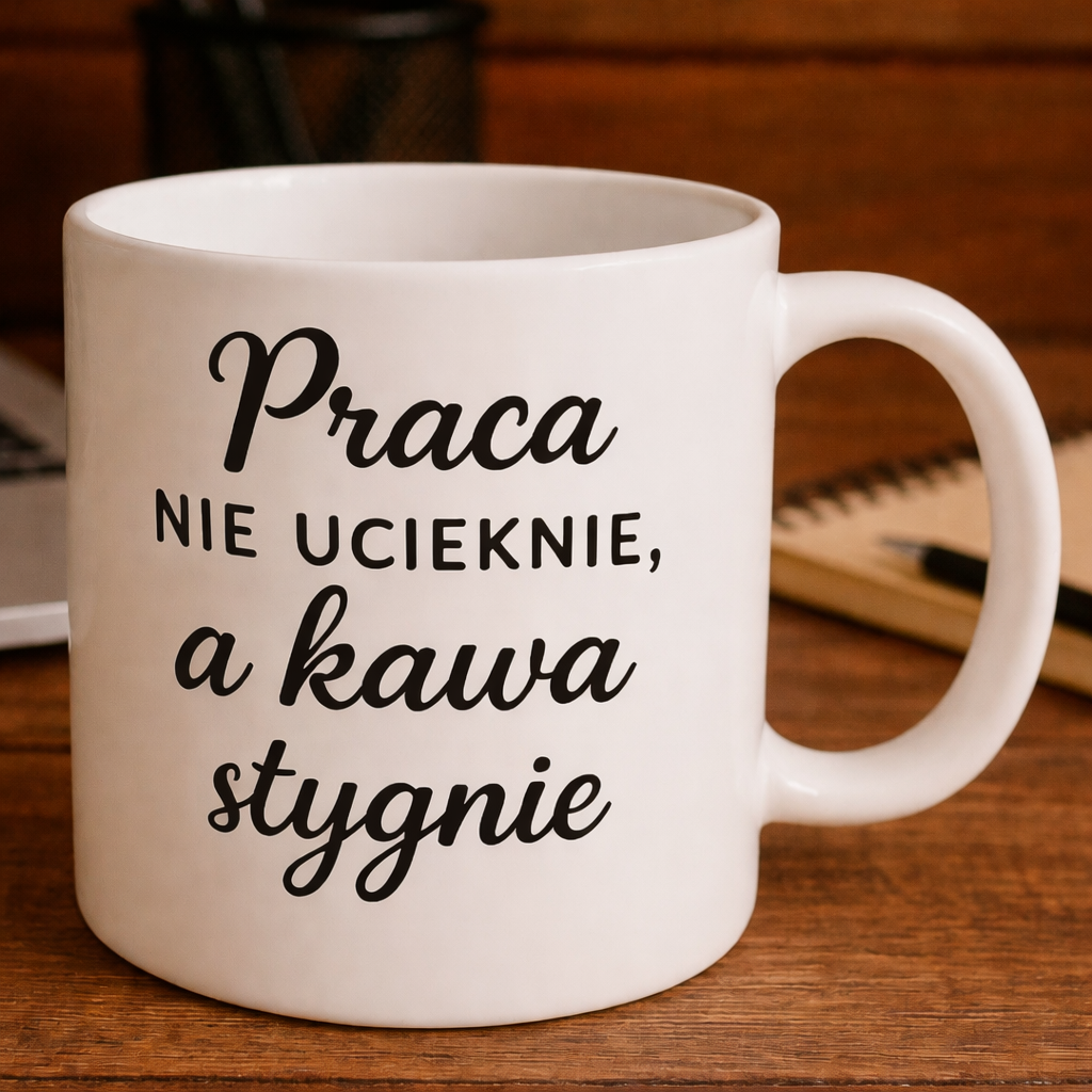 Kubek - Praca nie ucieknie, a kawa stygnie  - 330 ml • Zabawny prezent dla kawosza