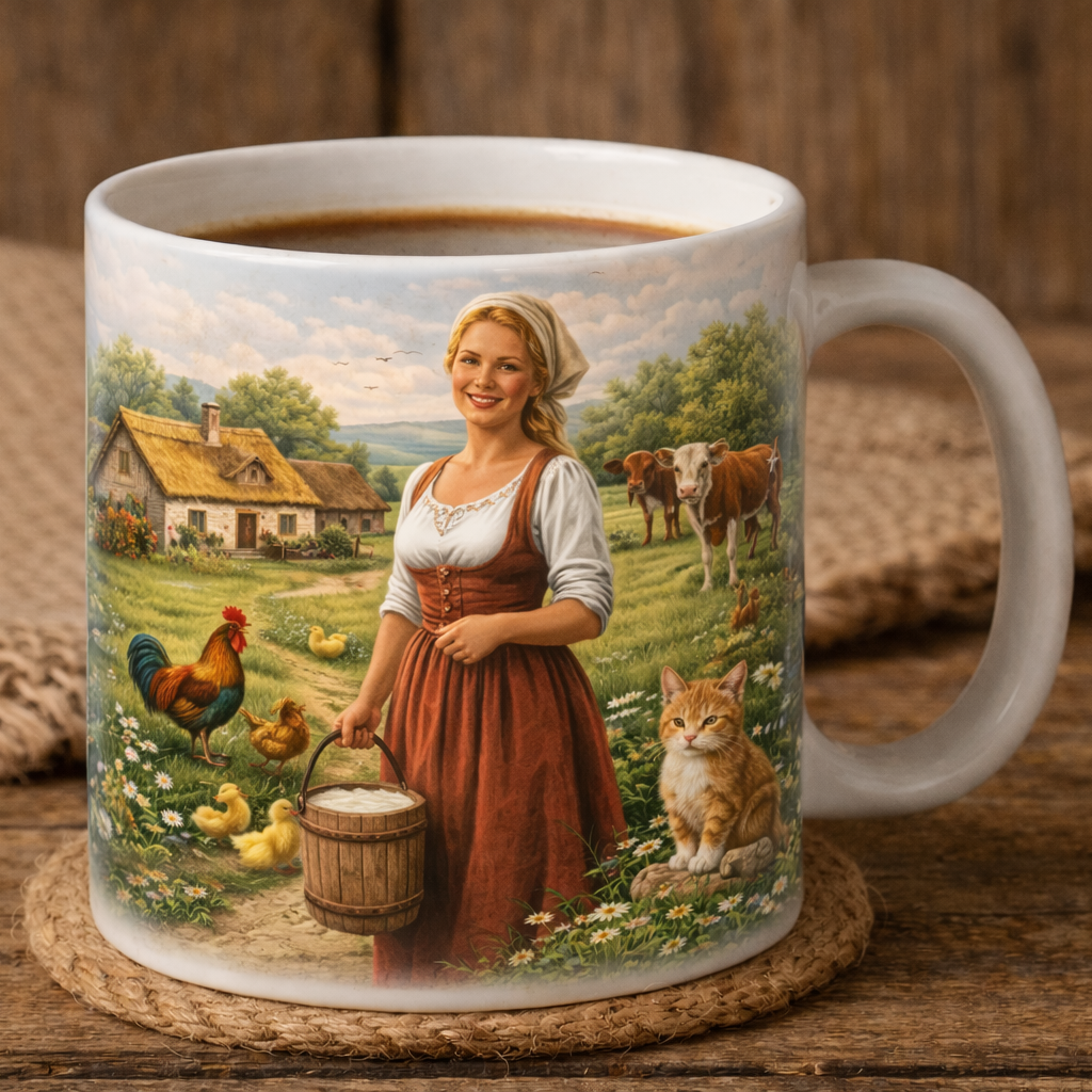 Kubek - Sielska wiejska kobieta z wiadrem mleka – 330 ml | Kubek w rustykalnym stylu | Idealny prezent