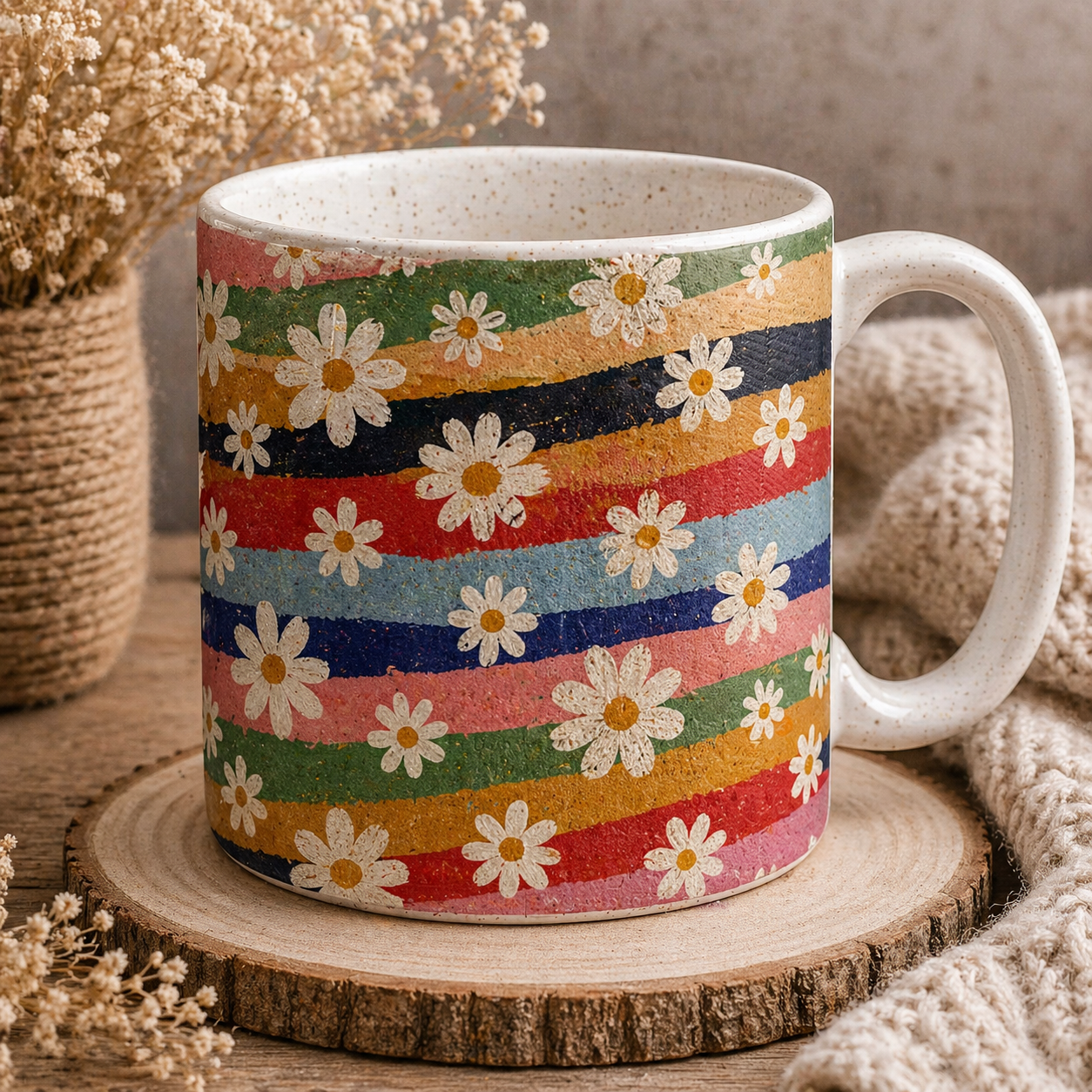 Kubek - Kolorowe paski i stokrotki – 330 ml | Boho kubek na kawę i herbatę | Idealny prezent
