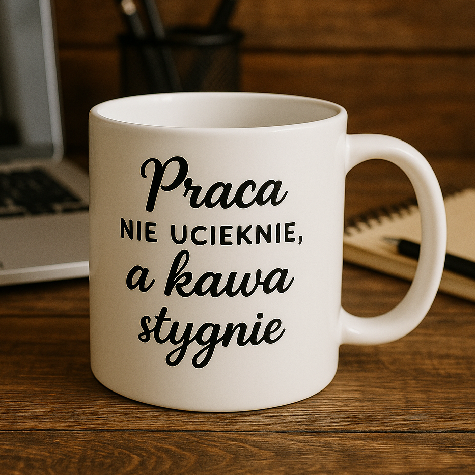 Kubek - Praca nie ucieknie, a kawa stygnie  - 330 ml • Zabawny prezent dla kawosza