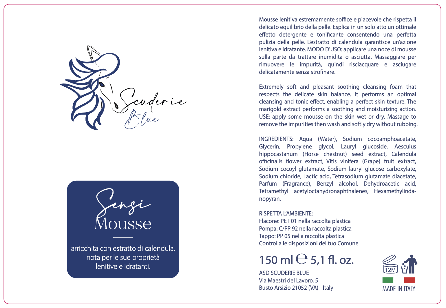 Sensi Mousse Scuderie Blue™️: Detergente Viso Lenitivo alla Calendula | 150 ml