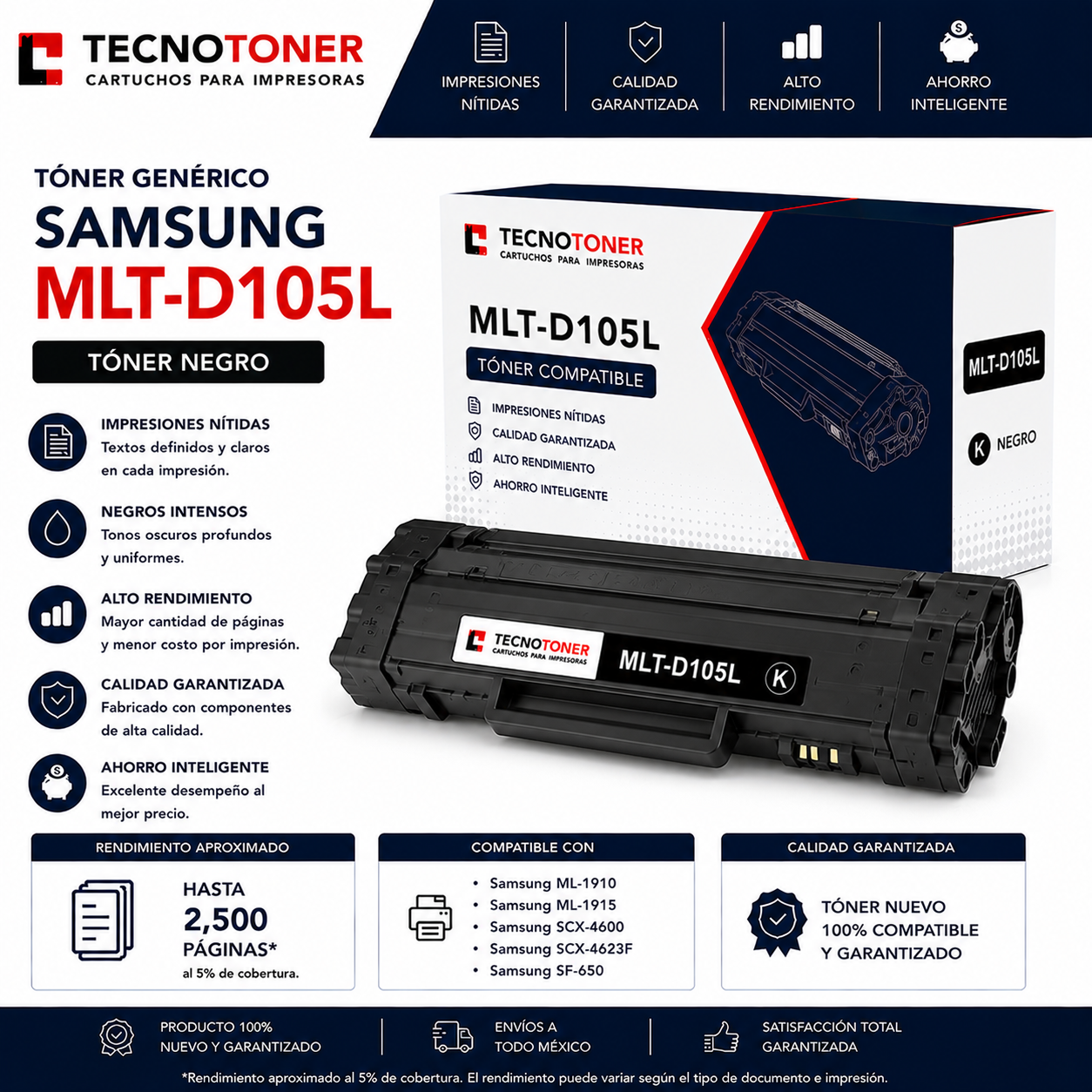 Tóner Samsung MLT-D105L Para ML-1910 ML-1915 SCX-4600 SCX-4623F SF-650