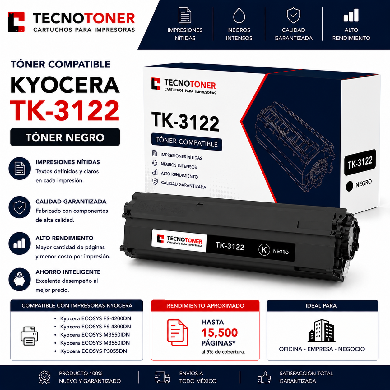 Tóner Kyocera TK-3122 Para ECOSYS P3055dn P3060dn M3550idn M3560idn FS-4200DN FS-4300DN