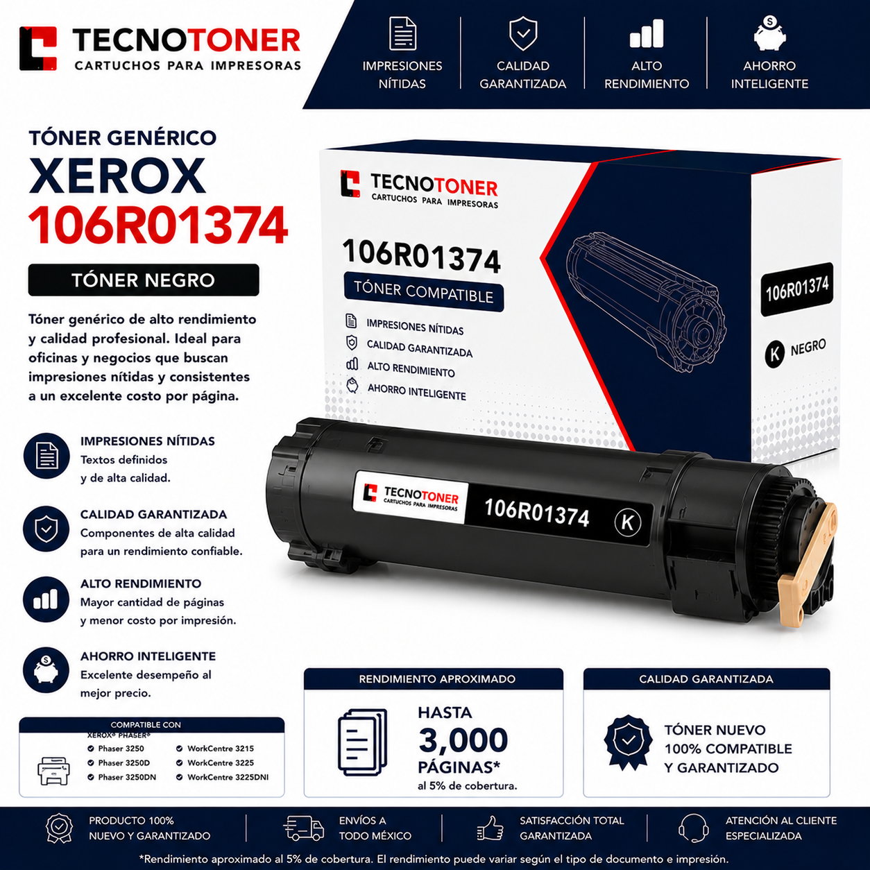 Tóner Xerox 106R01374 Para Phaser 3250 3250D 3250DN WorkCentre 3215 3225 3225DNI