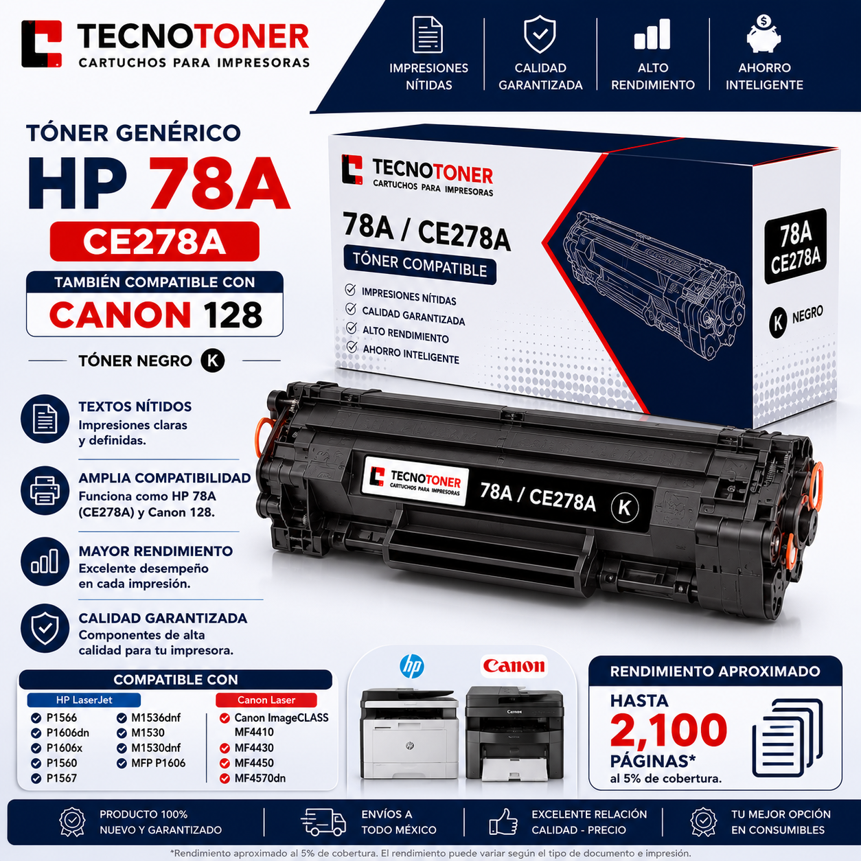 Tóner HP 78A CE278A Compatible También con Canon 128 Para HP LaserJet Pro P1566 P1606 y Canon MF4410 MF4570dn